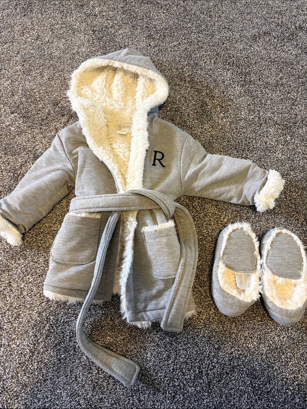 Restoration Hardware Gray Hooded Robe & Slippers w/ Sherpa Cream Lining